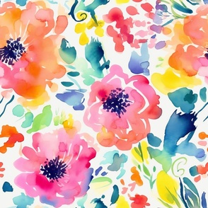 Summer Floral Watercolor Bright Bold Flowers / Blue Pink Orange