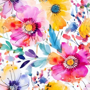 Summer Floral Watercolor Bright Bold Flowers / Pink Yellow Blue Green