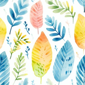 Summer Floral Watercolor Bright Bold Pattern / Colorful Leaf Leaves Nature