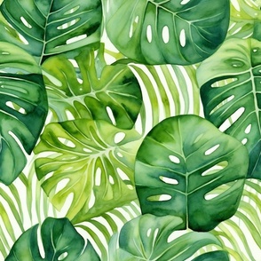 Summer Floral Watercolor Bright Bold Pattern / Colorful Green Monstera Leaf Leaves