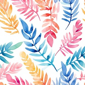 Summer Floral Watercolor Bright Bold Pattern / Colorful Fern Leaf Leaves