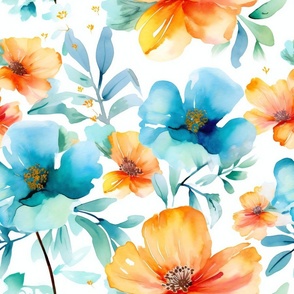 Colorful Hand Painted Watercolor Flower Flowers Floral Florals / Orange Blue