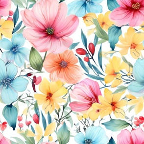 Colorful Hand Painted Watercolor Flower Flowers Floral Florals / Pink Yellow Blue