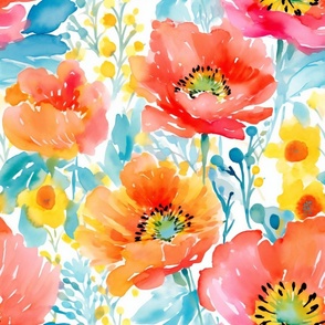 Beautiful Watercolor Flower Flowers Colorful Pattern Fabric Wallpaper Floral Bright Bold