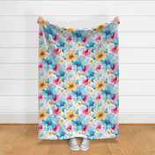 Summer Floral Watercolor Bright Bold Flowers / Blue Yellow Pink