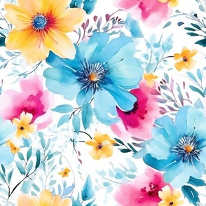 Summer Floral Watercolor Bright Bold Flowers / Blue Yellow Pink