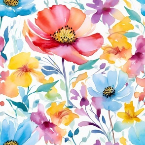 Summer Floral Watercolor Bright Bold Flowers / Pink Blue Yellow Purple