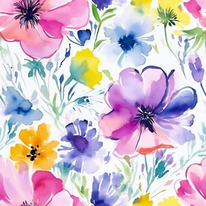 Summer Floral Watercolor Bright Bold Flowers / Purple Blue Yellow Pink