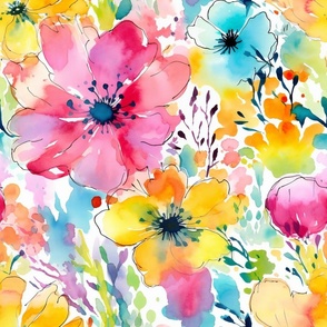 Summer Floral Watercolor Bright Bold Flowers / Pink Blue Yellow