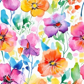 Summer Floral Watercolor Bright Bold Flowers / Purple Pink Orange