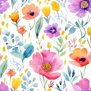 Summer Floral Watercolor Bright Bold Flowers / Orange Pink Purple