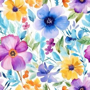 Summer Floral Watercolor Bright Bold Flowers / Blue Purple Yellow