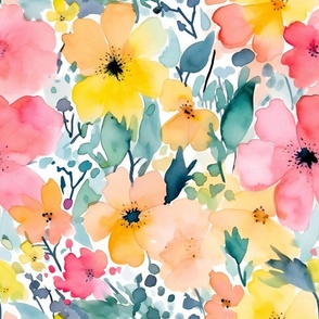 Summer Floral Watercolor Bright Bold Flowers / Yellow Orange Pink Green