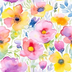 Summer Floral Watercolor Bright Bold Flowers  / Pink Yellow
