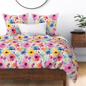 Summer Floral Watercolor Bright Bold Flowers / Pink Yellow Blue
