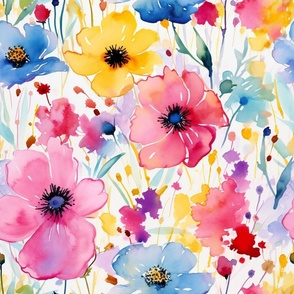 Summer Floral Watercolor Bright Bold Flowers / Pink Yellow Blue