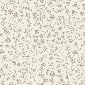 flowers and shapes - creamy white _ khaki brown - small scale hand drawn floral
