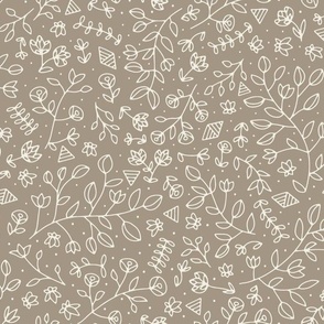 flowers and shapes - creamy white _ khaki brown 02 - small scale hand drawn floral