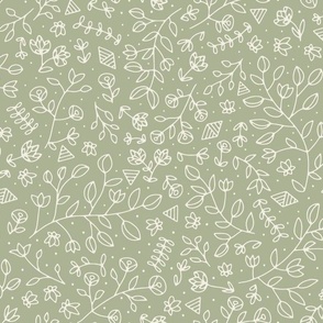 flowers and shapes - creamy white _ light sage green - small scale hand drawn floral