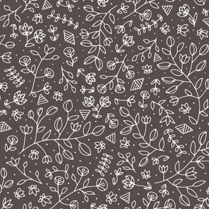 flowers and shapes - creamy white _ purple brown - small scale hand drawn floral