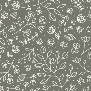 flowers and shapes - creamy white _ limed ash green - small scale hand drawn floral