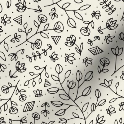 flowers and shapes - creamy white _ raisin black - small scale hand drawn floral