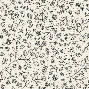 flowers and shapes - creamy white _ raisin black - small scale hand drawn floral