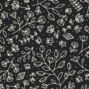 flowers and shapes - creamy white _ raisin black 02 - small scale hand drawn floral