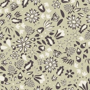 folk floral - creamy white_ purple brown_ thistle green - ditsy flowers