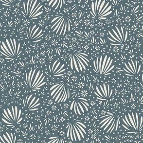 fronds and flowers - creamy white _ marble blue teal - small scale micro ditsy floral