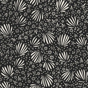 fronds and flowers - creamy white _ raisin black -black and white micro ditsy floral