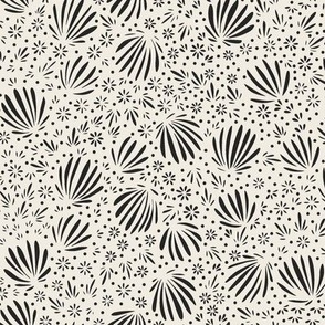 fronds and flowers - creamy white _ raisin black 02 - small scale micro ditsy floral