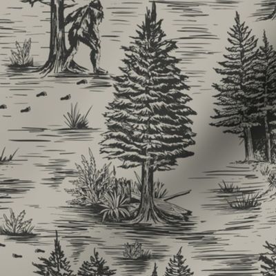 Large-Scale Bigfoot/Sasquatch Toile de Jouy in Charcoal & Taupe