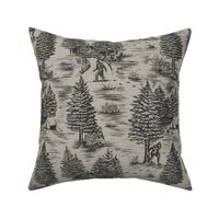 Large-Scale Bigfoot/Sasquatch Toile de Jouy in Charcoal & Taupe