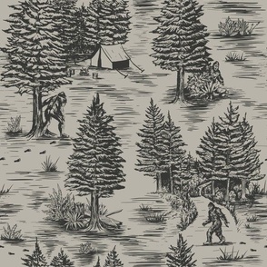Large-Scale Bigfoot/Sasquatch Toile de Jouy in Charcoal & Taupe