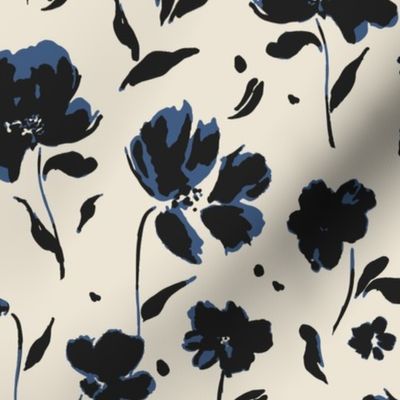(L) Painted Wildflowers | Indigo Blue and Black | Large Scale