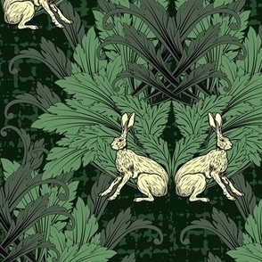 Whimsical 1920 Art Deco Victorian Aesthetic, Contemporary English Arts and Crafts Style, Animal Block Print Rabbit Hare