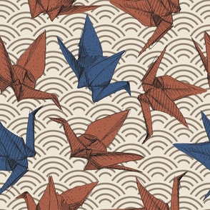 Origami paper cranes sketch line Nature oriental background with Japanese wave circle pattern