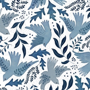 Blue doves leaves on white