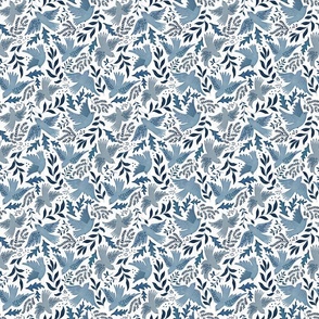 Blue doves leaves on white Xsmall