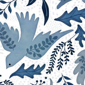 Blue doves leaves on white large scale