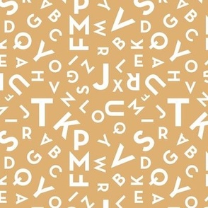 Tossed boho alphabet - minimalist abc in mid-century retro font typography back to school design white on camel yellow SMALL 