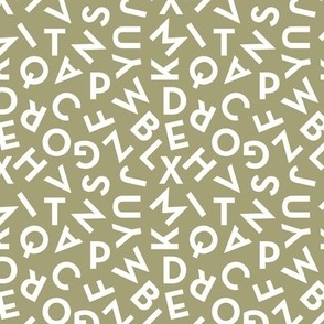 Tossed alphabet ABC - minimalist text mid-century retro font typography back to school design white on olive green SMALL