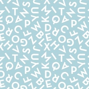 Tossed alphabet ABC - minimalist text mid-century retro font typography back to school design white on baby blue  SMALL