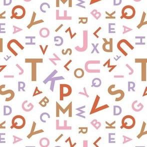 Tossed alphabet - colorful abc in mid-century retro font typography back to school design orange lilac caramel pink on white SMALL 