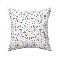 Tossed alphabet - colorful abc in mid-century retro font typography back to school design teal periwinkle pink coral on white SMALL 