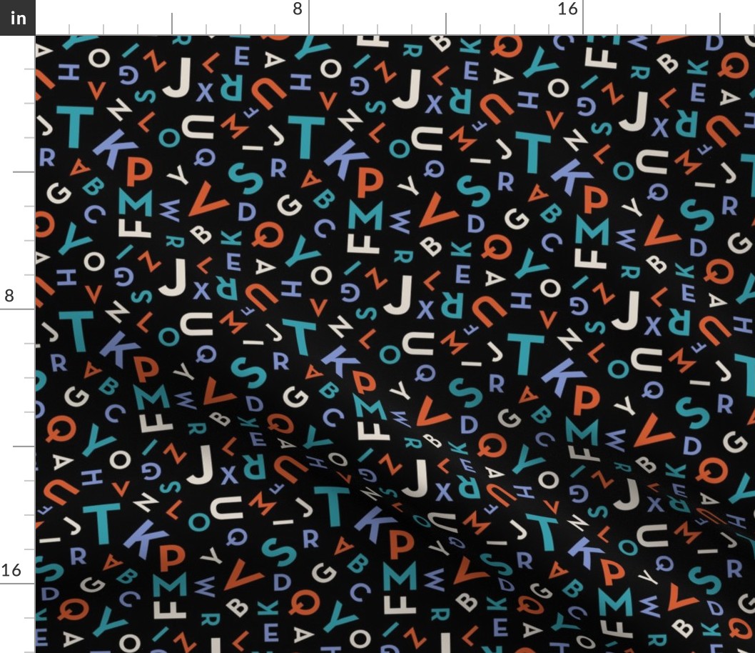 Tossed alphabet - colorful abc in mid-century retro font typography back to school design teal lilac coral ivory on black SMALL 