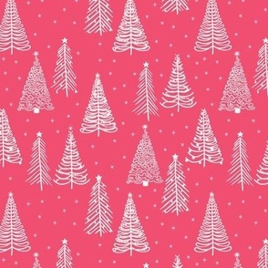 Small - White Winter Christmas trees on Hot Pink with stars snowflakes and decorations