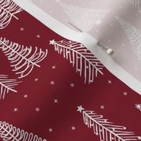 White Winter Christmas trees on Burgundy Red with stars, snowflakes and decorations