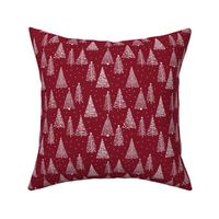 White Winter Christmas trees on Burgundy Red with stars, snowflakes and decorations